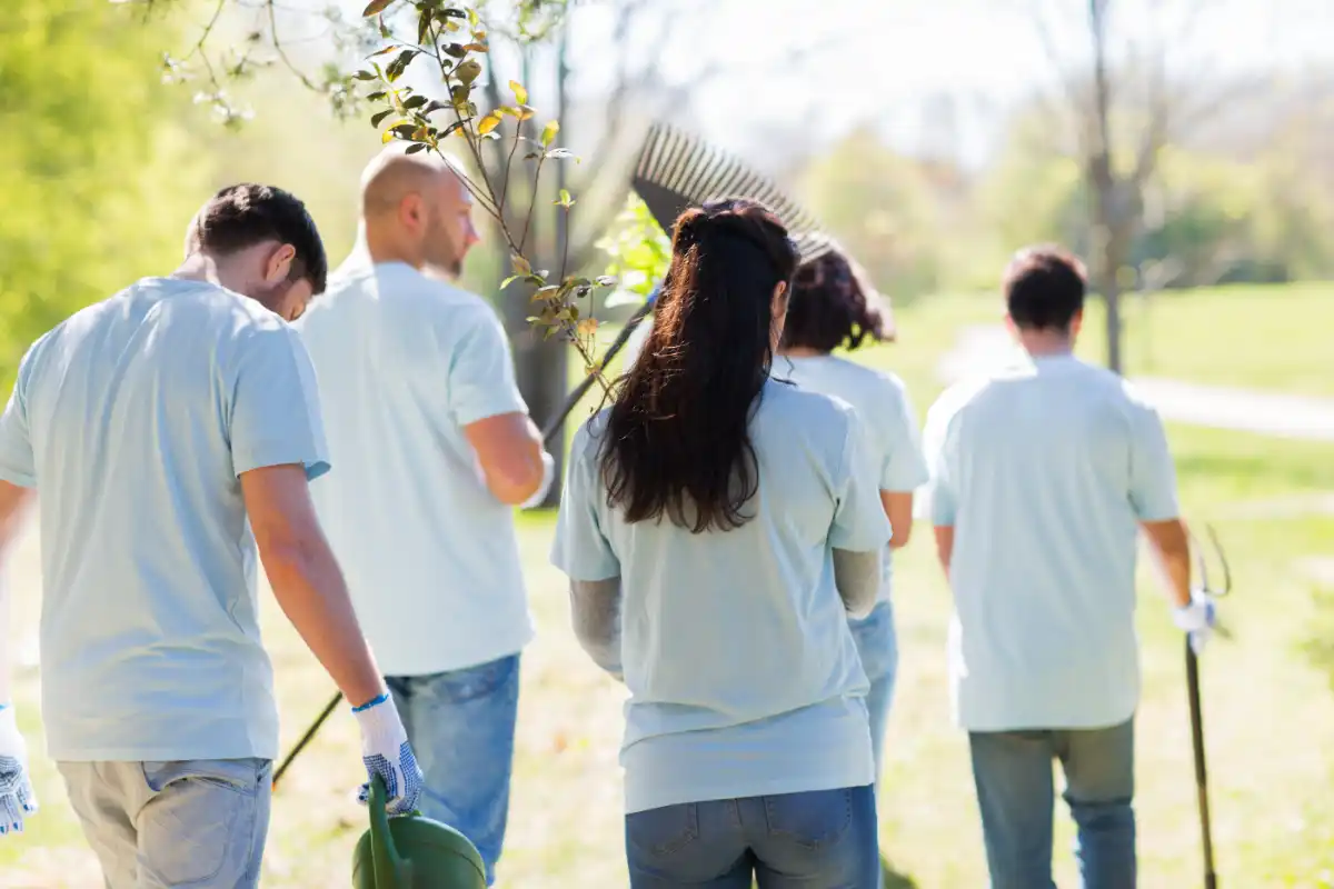 volunteers doing community service planting new trees